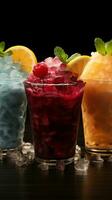 Vibrant icy fruit slush, chilled in cups Colorful refreshment, frozen delight Vertical Mobile Wallpaper AI Generated photo