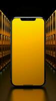 Vivid yellow setting frames phone, hand holds box contemporary juxtaposition unveiled Vertical Mobile Wallpaper AI Generated photo