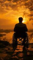 silla de ruedas ligado silueta, simbolizando empoderamiento en medio de un puestas de sol dorado matices vertical móvil fondo de pantalla ai generado foto