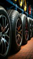 Wheel choices Closeup of assorted car tires on display in shop environment Vertical Mobile Wallpaper AI Generated photo