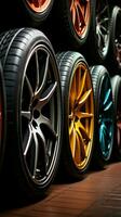 Wheel choices Closeup of assorted car tires on display in shop environment Vertical Mobile Wallpaper AI Generated photo