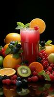 Wholesome display, assorted fresh fruits berries, citrus, apples juice filled glasses Colorful health Vertical Mobile Wallpaper AI Generated photo