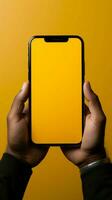 Yellow backdrop accentuates hand, box, and phone a triad of innovation Vertical Mobile Wallpaper AI Generated photo