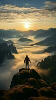 Fog draped peaks backpackers silhouette arms extended immersed in morning mountain beauty AI Generated photo