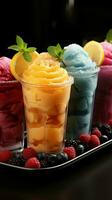 Frosty cups hold colorful fruit slush Frozen joy in vibrant sips AI Generated photo