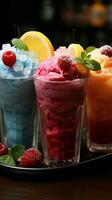 Frosty cups hold colorful fruit slush Frozen joy in vibrant sips AI Generated photo