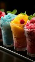Frosty cups hold colorful fruit slush Frozen joy in vibrant sips AI Generated photo