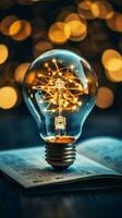 Glowing light bulb with creativity twinkling lights on a book Ideas for inspiration from reading Innovation concept AI Generated photo