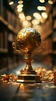 golden trophy on stack of book for education success concept Vertical Mobile Wallpaper AI Generated photo