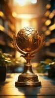 golden trophy on stack of book for education success concept Vertical Mobile Wallpaper AI Generated photo