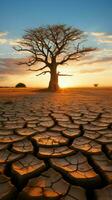 icónico árbol en agrietado suelo encarna clima crisis, global calentamiento inducido agua escasez vertical móvil fondo de pantalla ai generado foto