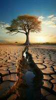 icónico árbol en agrietado suelo encarna clima crisis, global calentamiento inducido agua escasez vertical móvil fondo de pantalla ai generado foto