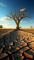 icónico árbol en agrietado suelo encarna clima crisis, global calentamiento inducido agua escasez vertical móvil fondo de pantalla ai generado foto