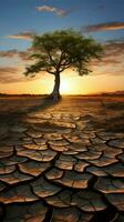 Iconic tree on cracked soil embodies climate crisis, global warming induced water scarcity Vertical Mobile Wallpaper AI Generated photo