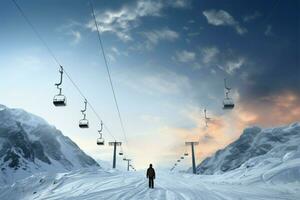 Ready for adventure, a snowboarder stands beneath the cable road AI Generated photo