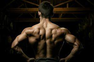 posterior ver de un muscular hombre exhibiendo su fuerte físico ai generado foto