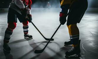 rival hockey jugadores estar lado por lado, agarrando su palos ai generado foto