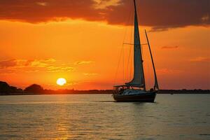 Sailboats silhouette against a fiery sunset over a serene waterway AI Generated photo