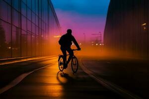 silueta de un persona en un viajero diario al trabajo bicicleta, navegando noche ai generado foto