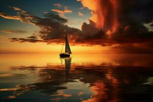 Sunsets hues silhouette a boat as it glides over calm waters AI Generated photo