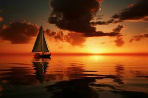 Sunsets hues silhouette a boat as it glides over calm waters AI Generated photo