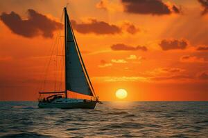 Sunset silhouette A sailboat drifts on a peaceful body of water AI Generated photo