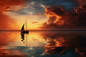 puestas de sol sereno resplandor pinturas un barcos silueta en tranquilo aguas ai generado foto