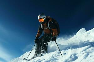 un hombre hábilmente maniobras mediante el nieve cubierto terreno mientras esquiar ai generado foto