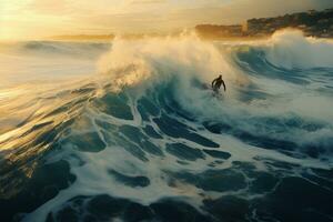 A thrilling moment as a man rides the oceans rolling waves AI Generated photo