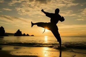 junto a la playa silueta un hombre practicas kickboxing, bañado en maravilloso puesta de sol ai generado foto