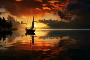 barcos silueta refleja en contra el reluciente agua durante el puesta de sol ai generado foto