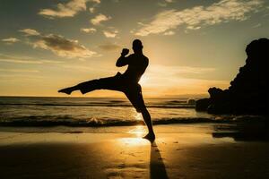 junto a la playa silueta un hombre practicas kickboxing, bañado en maravilloso puesta de sol ai generado foto