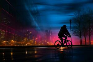 Commuters silhouette pedals a bike through the urban twilight scene AI Generated photo