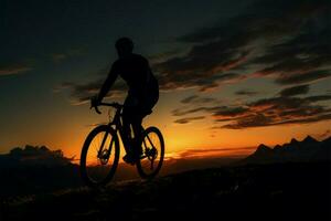 ciclista pedales mediante crepúsculo, abrazando el serenidad de noche montando ai generado foto