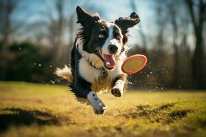 Energetic Border Collie leaps joyfully to snag a soaring Frisbee AI Generated photo