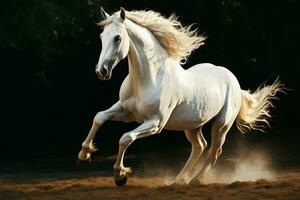 agraciado y gratis, un blanco saburral caballo carreras con incomparable belleza ai generado foto