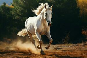 majestuoso blanco saburral caballo Galopando graciosamente a través de el abierto terreno ai generado foto