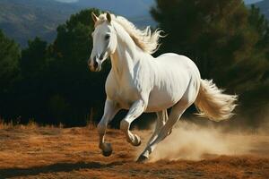 Majestic white coated horse galloping gracefully across the open terrain AI Generated photo