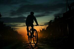 anochecer ciclista navega el oscuro calles con gracia y determinación ai generado foto