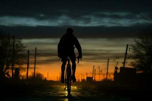 anochecer ciclista navega el oscuro calles con gracia y determinación ai generado foto