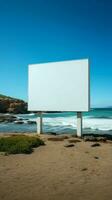 blanco cartelera en el playa con mar en el antecedentes vertical móvil fondo de pantalla ai generado foto