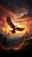 Aerial masterpiece Abstract bird emerges from sunsets embrace in cloud symphony Vertical Mobile Wallpaper AI Generated photo