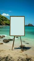 Blank billboard on the beach with sea in the background Vertical Mobile Wallpaper AI Generated photo