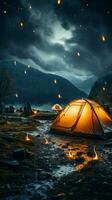 Camping in darkness Tents presence marks a peaceful nights adventure Vertical Mobile Wallpaper AI Generated photo