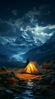 camping in the mountains at night Vertical Mobile Wallpaper AI Generated photo