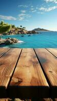 Coastal canvas Wooden table against blurred sea island backdrop and serene blue sky Vertical Mobile Wallpaper AI Generated photo