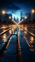 City lights trail Side view asphalt road leads through the nocturnal urban scene Vertical Mobile Wallpaper AI Generated photo