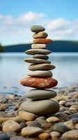 Coastal cairn Stones arranged in a seaside pyramid, a tranquil and natural monument Vertical Mobile Wallpaper AI Generated photo