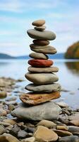 Coastal cairn Stones arranged in a seaside pyramid, a tranquil and natural monument Vertical Mobile Wallpaper AI Generated photo