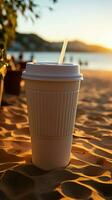 cerca arriba el plastico blanco café taza con negro Paja en arena de playa a puesta de sol o amanecer luz de sol en fondo, tonificado, selectivo atención vertical móvil fondo de pantalla ai generado foto